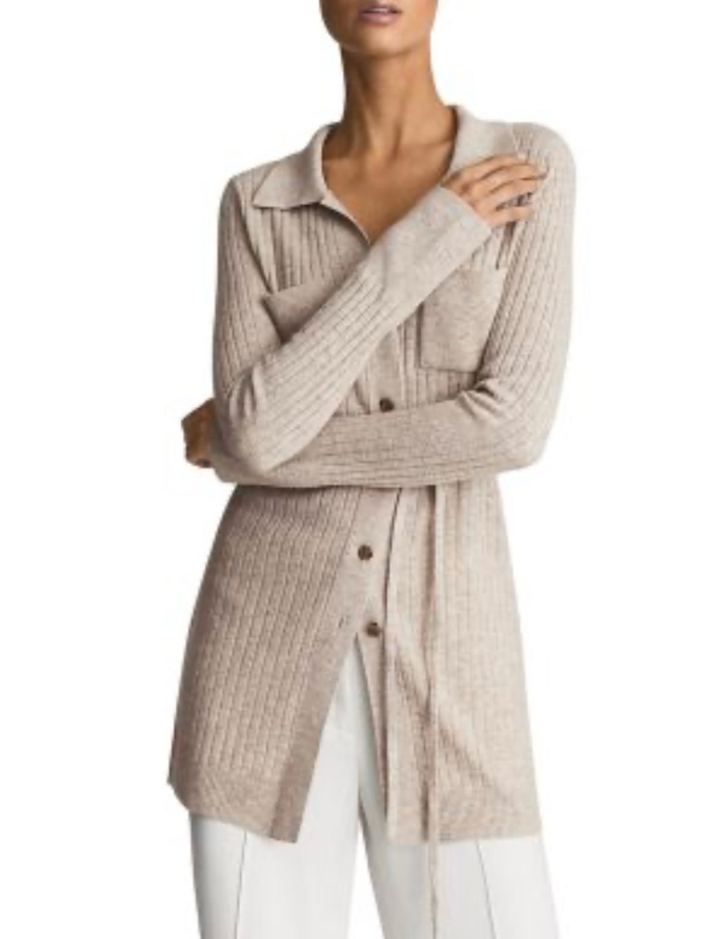 Reiss Corrin Wool Cashmere Blend Long Cardigan Beige XS Ribbed